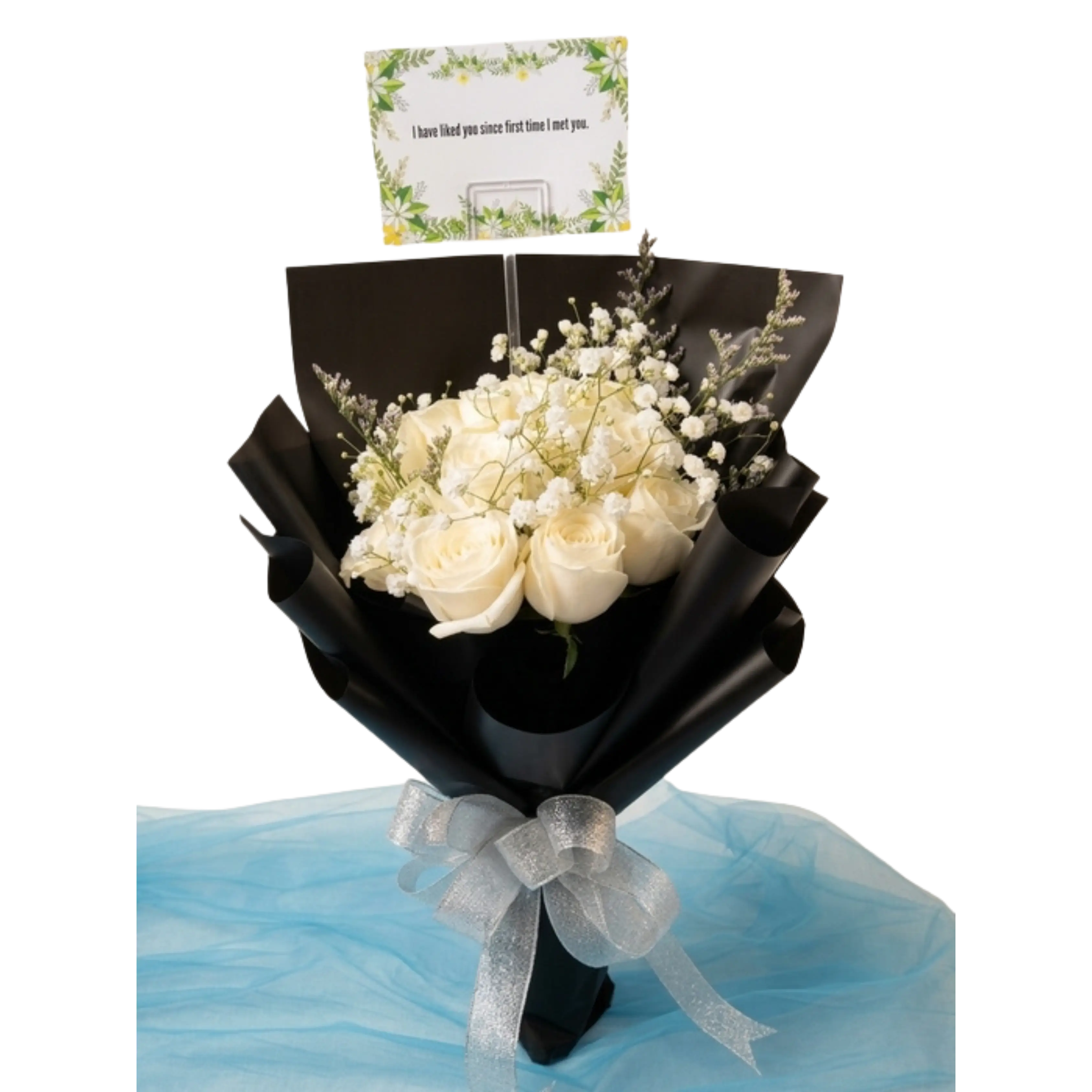 Buket Mawar Putih Elegan Hitam Silver — Lunox Florist