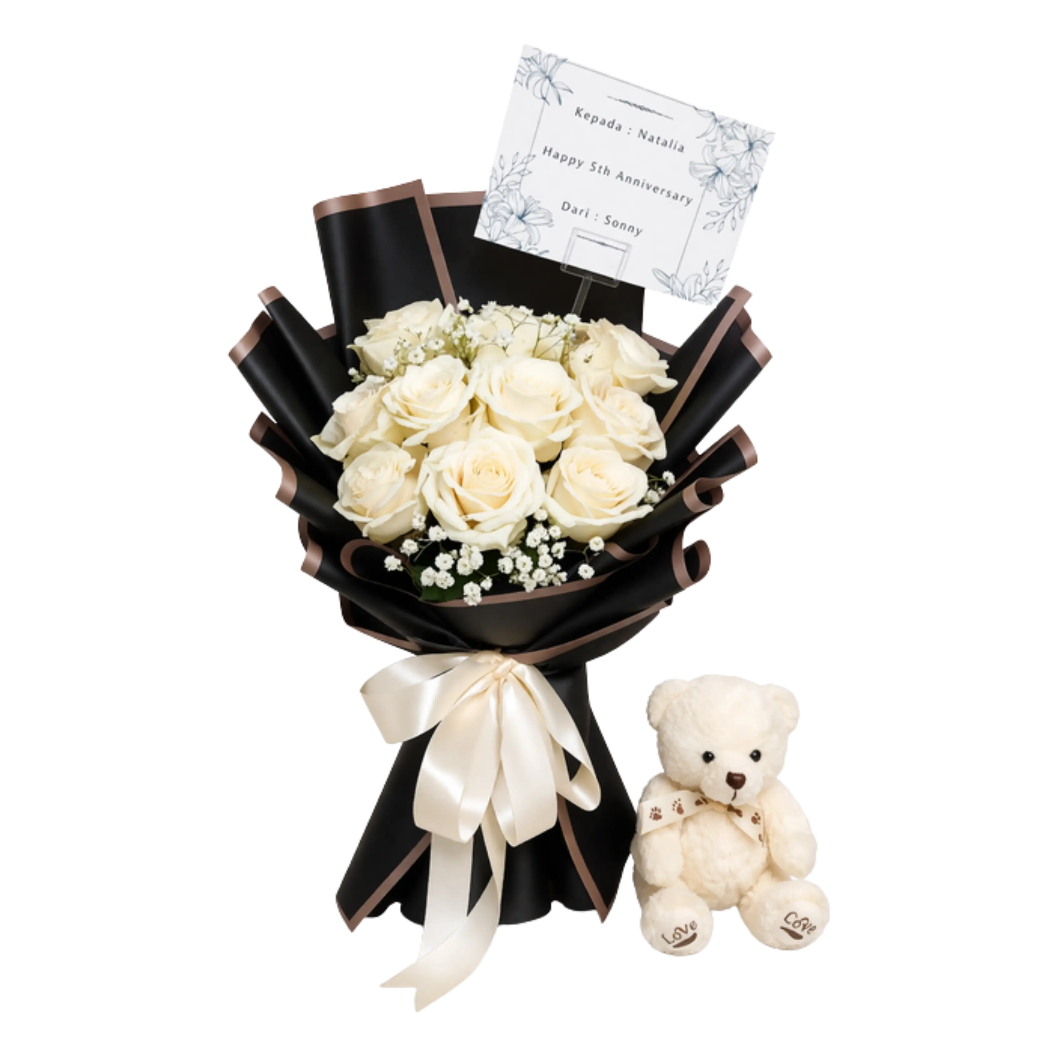 Buket Mawar Putih Teddy Bear — Lunox Florist