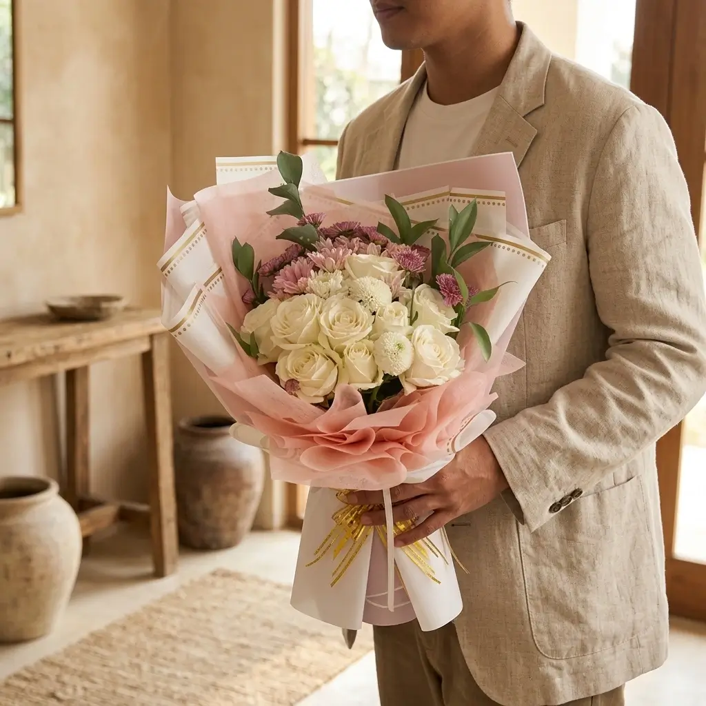 Buket Mawar Putih Aksen Pink — varian ke-2 dari Lunox Florist