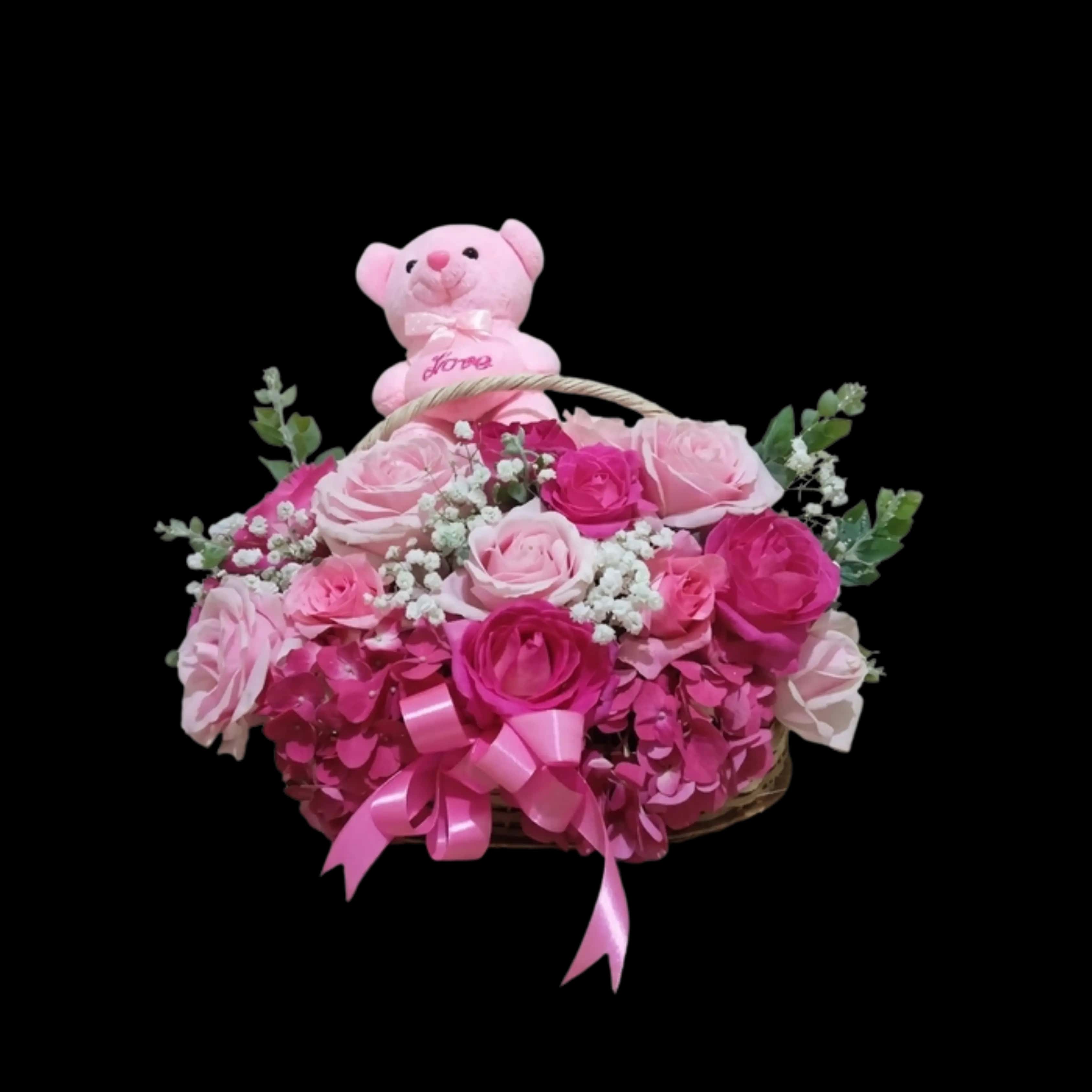 Keranjang Bunga Pink Teddy Bear — Lunox Florist