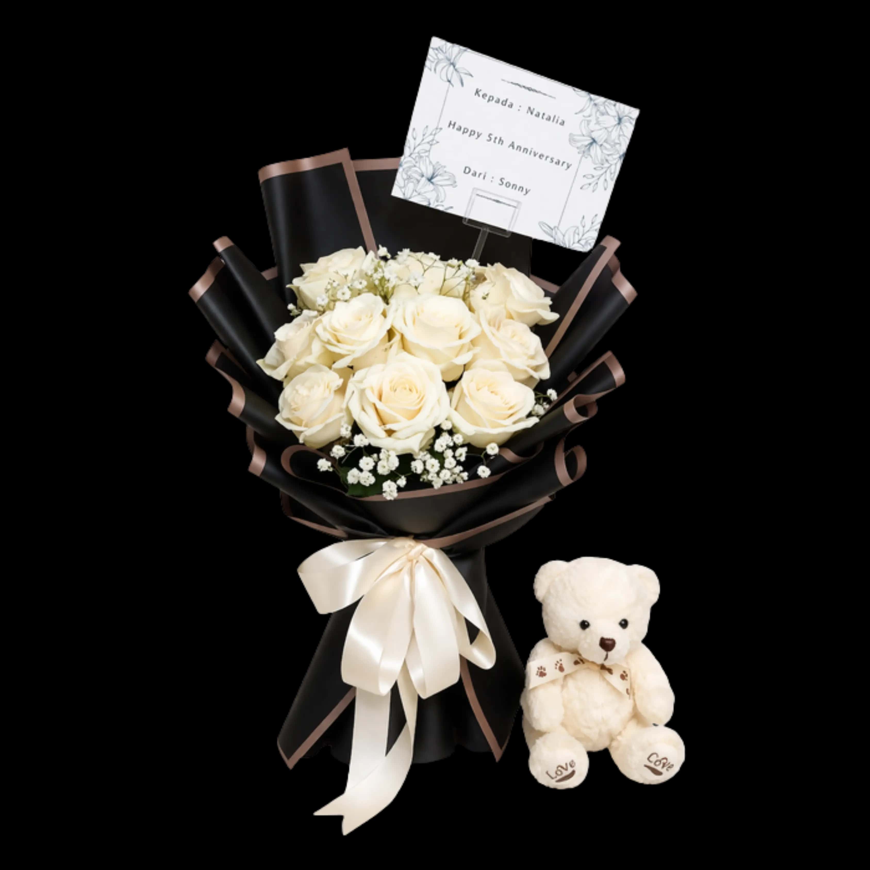 Buket Mawar Putih Teddy Bear — Lunox Florist