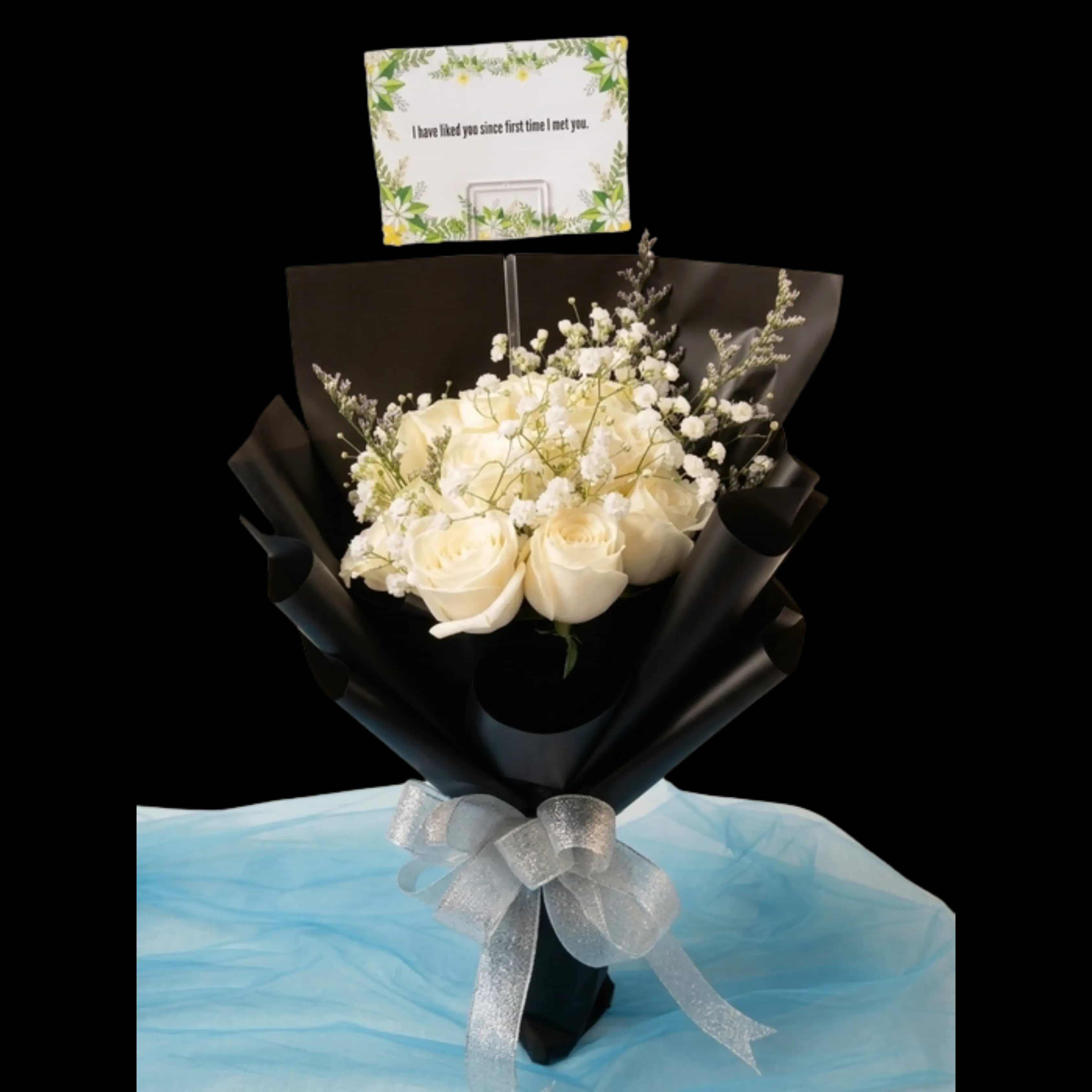 Buket Mawar Putih Elegan Hitam Silver — Lunox Florist